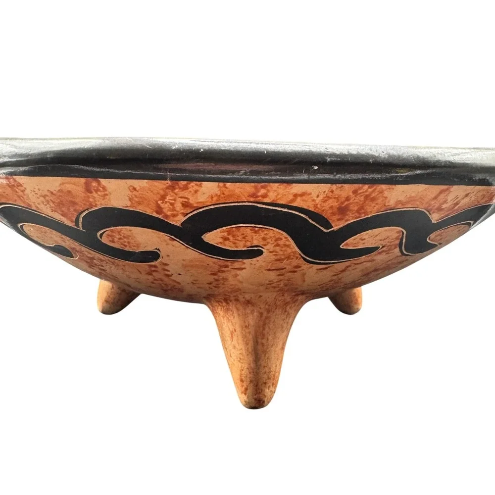 Hand Painted Tripod Bowl Butterfly Folk Art Terracotta Mexican Pottery Boho Vtg.